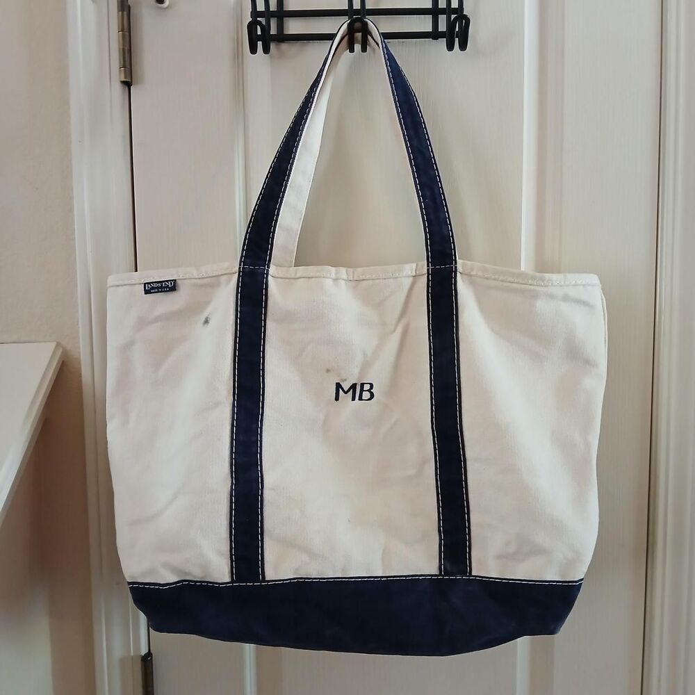 Vintage 90s Lands End large Canvas Boat Tote Beach Bag Zip MB Monogram USA Made